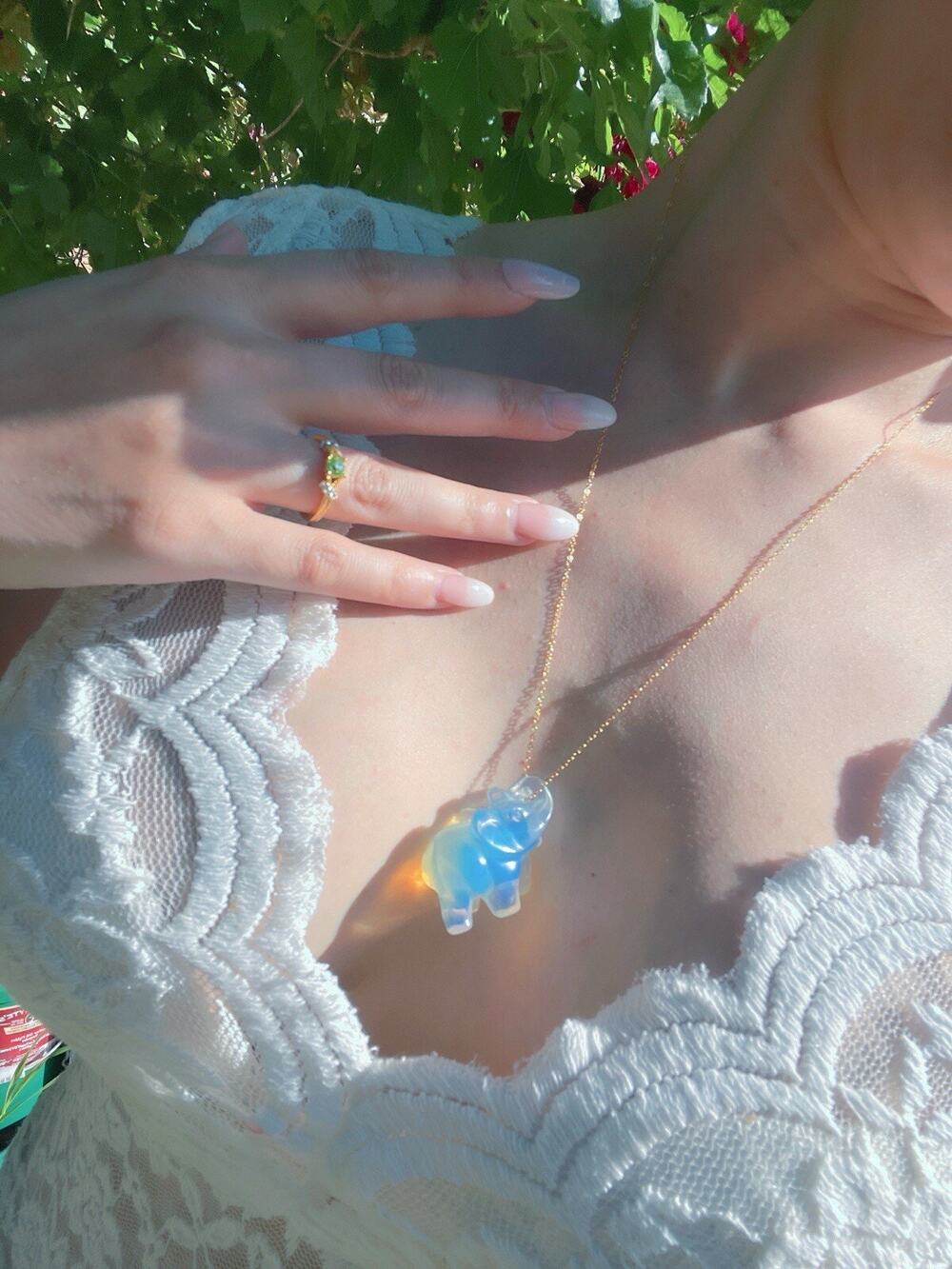 Star of Hollywood, Natural Opal Charm Necklace, Rainbow Opalite Elephant Pendant